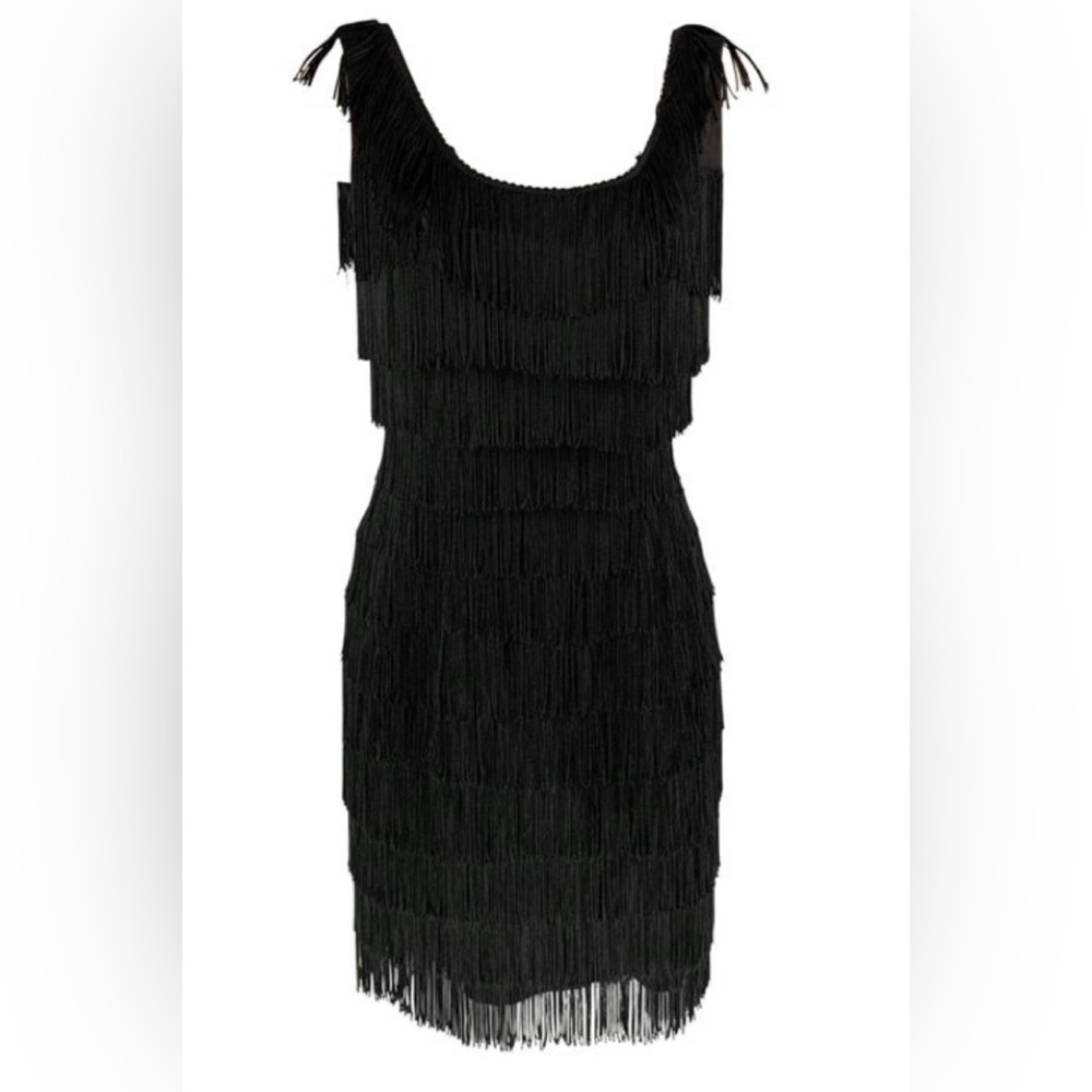 ⚡️Vintage ROBERTA Black Acetate Fringe Knee-Length Cocktail Dress circa 1980s